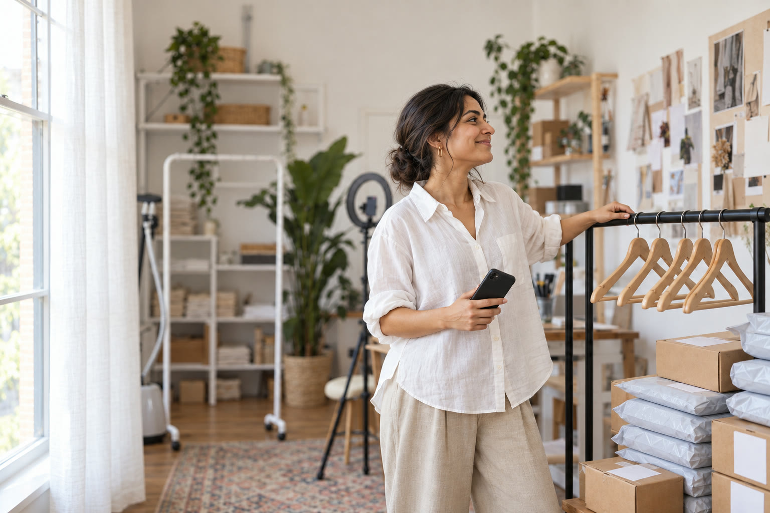 In her home studio, a clothing-label founder rests a hand on a rail that is now completely empty and laughs — the whole drop sold and packed in a stack beside her.